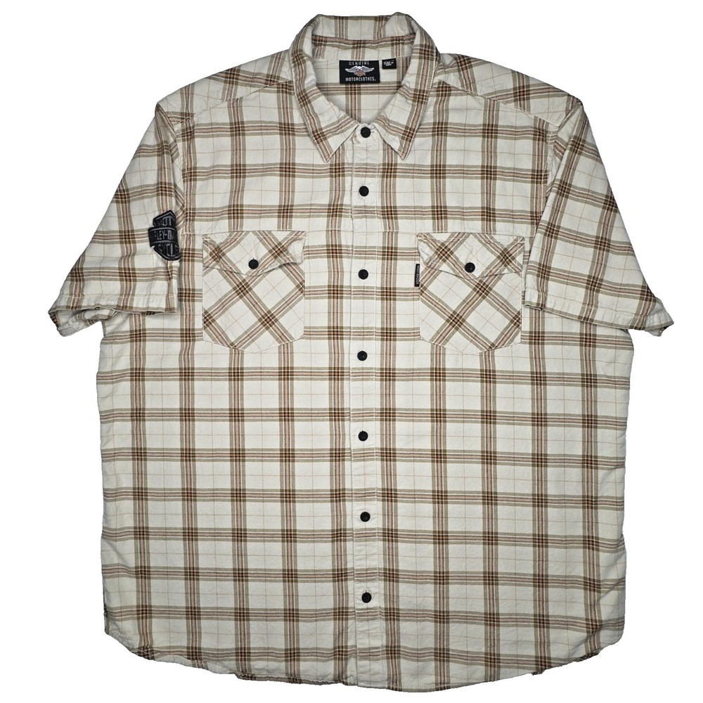 Harley-Davidson Men 3XL Short Sleeve Plaid Button Up Shirt Cream Brown Biker Y2K